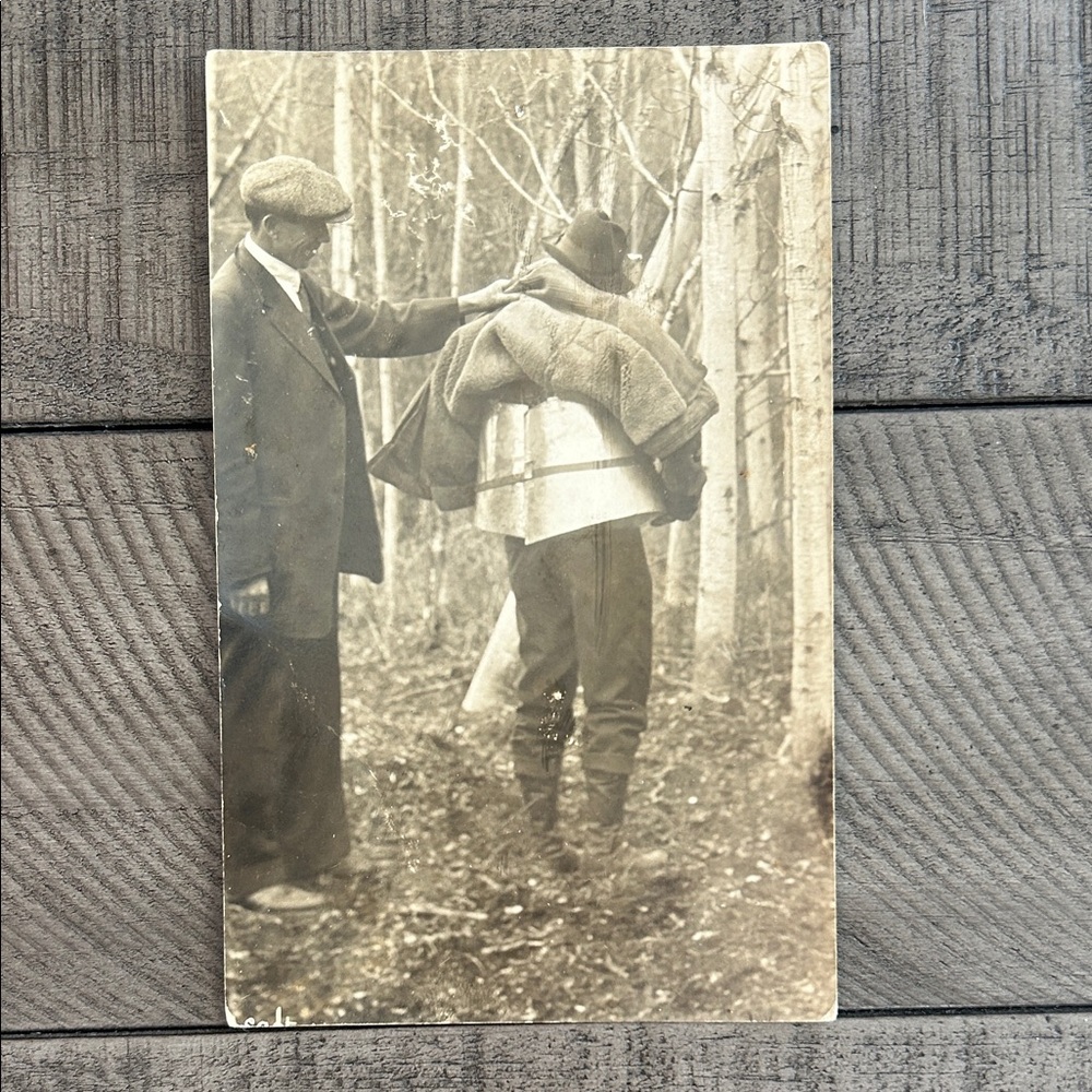 Strange Antique Black and White Photograph Postcard of Tin Man